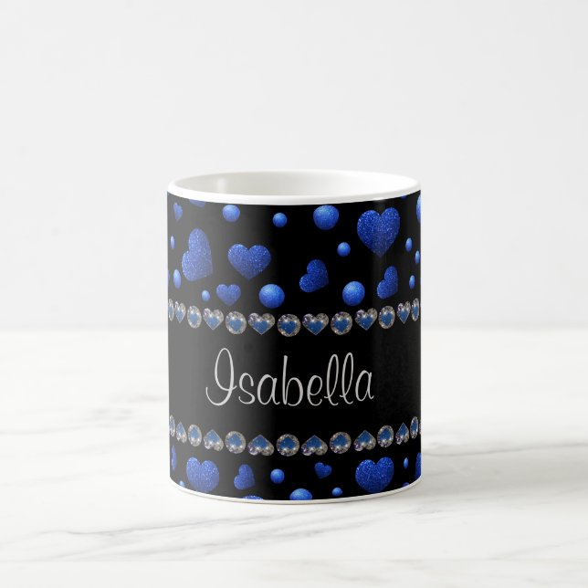 Anpassat namn, blått hjärta glitter mönster kaffemugg (Center)