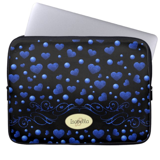 Anpassat namn, blått hjärta glitter mönster laptop fodral (Framsidan)
