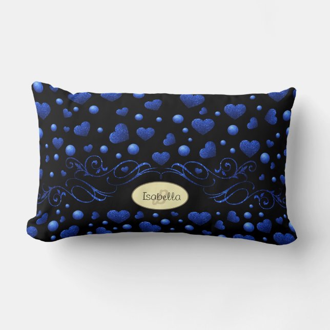 Anpassat namn, blått hjärta glitter mönster lumbarkudde (Framsida)
