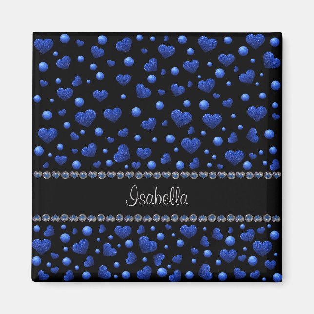 Anpassat namn, blått hjärta glitter mönster magnet (Framsidan)