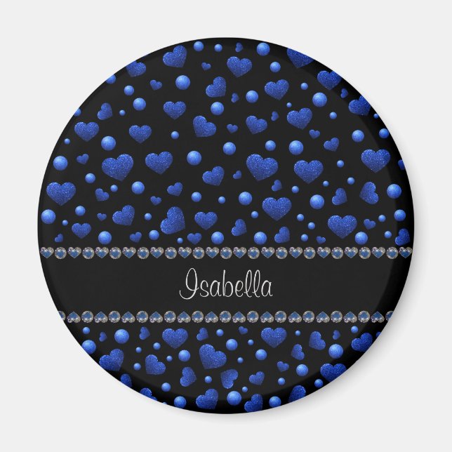 Anpassat namn, blått hjärta glitter mönster magnet (Framsidan)