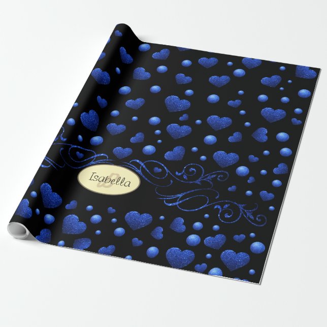 Anpassat namn, blått hjärta glitter mönster presentpapper (Utrullad)