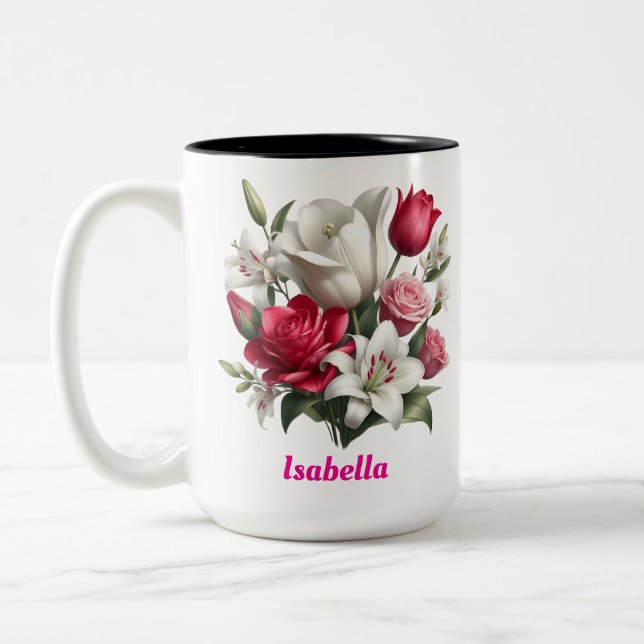 Anpassat namn blommigt 2-tonkaffe Mugg, 15 oz Två-Tonad Mugg (Vänster)