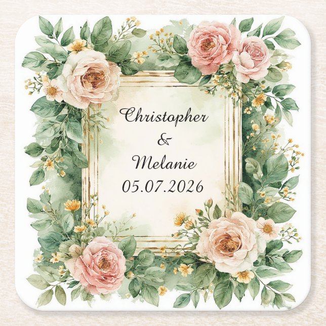 🌸 Anpassat namn blomsterakvarell 💐 Underlägg Papper Kvadrat (Framsidan)