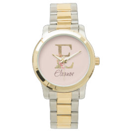 Anpassat namn Bokstav E Guld Folie Rosé Rosa Rosor Armbandsur