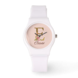 Anpassat namn Bokstav E Guld Folie Rosé Rosa Rosor Armbandsur