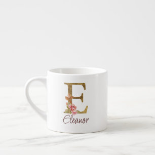 Anpassat namn Bokstav E Guld Folie Rosé Rosa Rosor Espressomugg