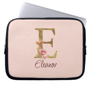 Anpassat namn Bokstav E Guld Folie Rosé Rosa Rosor Laptop Fodral