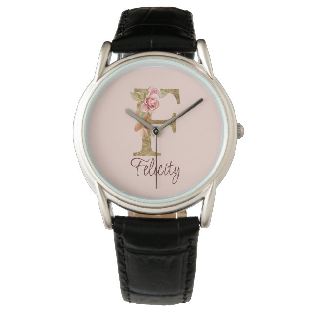 Anpassat namn Bokstav F Guld Folie Rosé Rosa Rosor Armbandsur (Framsida)
