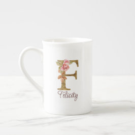Anpassat namn Bokstav F Guld Folie Rosé Rosa Rosor Benporslin Mugg