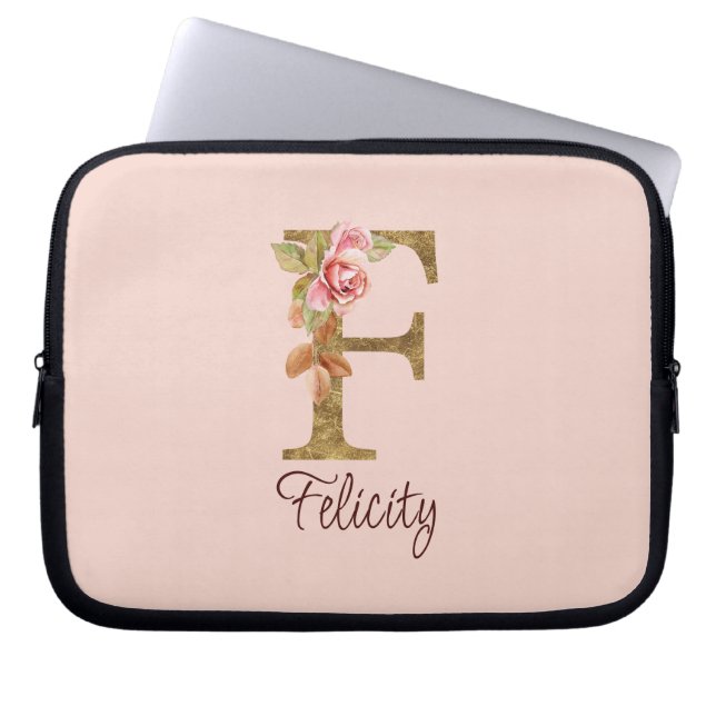 Anpassat namn Bokstav F Guld Folie Rosé Rosa Rosor Laptop Fodral (Framsidan)