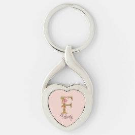 Anpassat namn Bokstav F Guld Folie Rosé Rosa Rosor Twisted Heart Silverfärgad Nyckelring