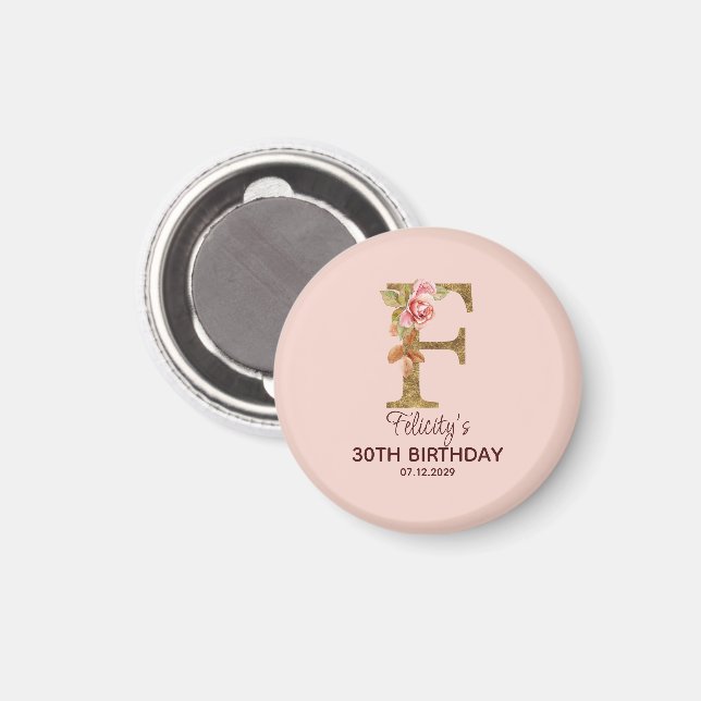 Anpassat namn Bokstav F Guld Rosa Rosor Magnet (Front/Back)
