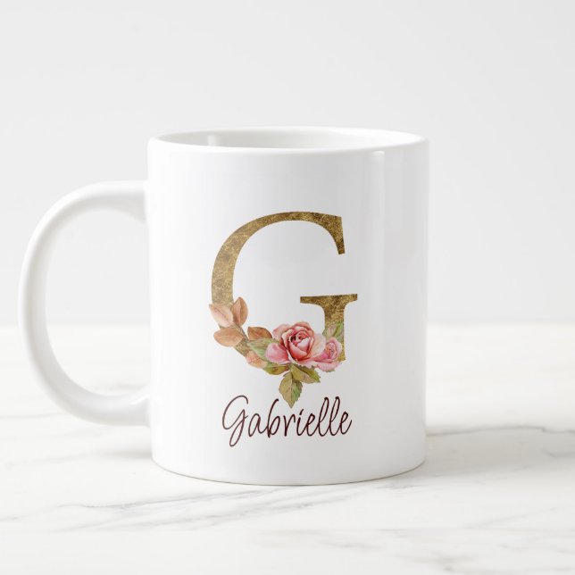 Anpassat namn bokstav G Guld Folie Rosa Rosa Rosor Jumbo Mugg (Vänster)