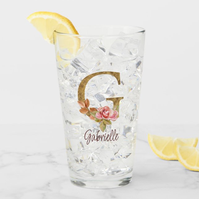 Anpassat namn Bokstav G Guld Folie Rosafärgade ros Glaskopp (Framsida Ice)