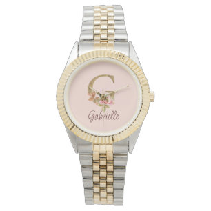 Anpassat namn bokstav G Guld Folie Rosé Rosa Rosor Armbandsur