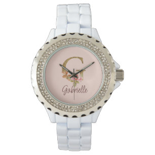 Anpassat namn bokstav G Guld Folie Rosé Rosa Rosor Armbandsur