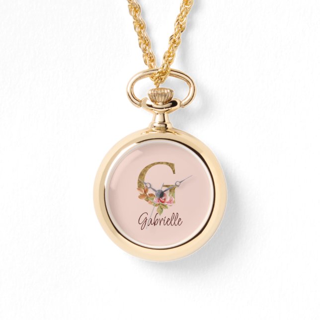 Anpassat namn Bokstav G Guld Folie Rosé Rosa Rosor Armbandsur (Framsida)