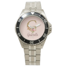 Anpassat namn bokstav G Guld Folie Rosé Rosa Rosor Armbandsur