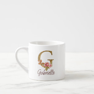 Anpassat namn Bokstav G Guld Folie Rosé Rosa Rosor Espressomugg