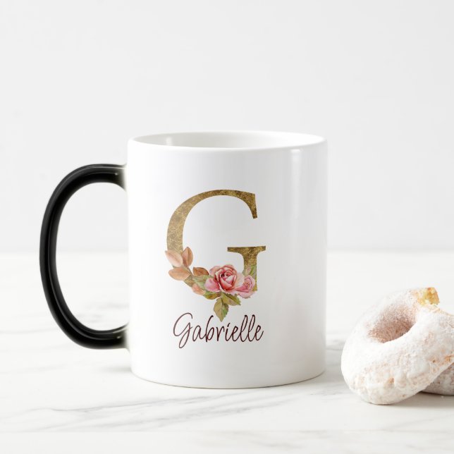 Anpassat namn Bokstav G Guld Folie Rosé Rosa Rosor Magisk Mugg (Med munk)