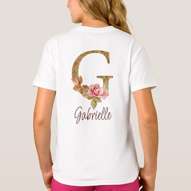Anpassat namn Bokstav G Guld Folie Rosé Rosa Rosor T Shirt (Baksida)