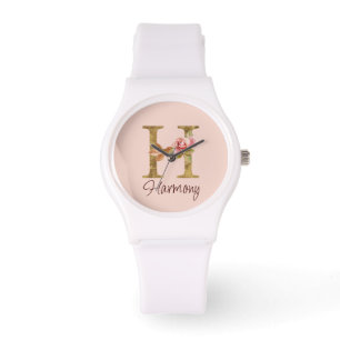 Anpassat namn bokstav H Guld Folie Rosé Rosa Rosor Armbandsur