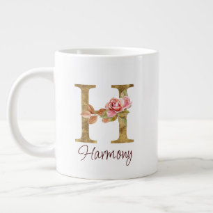 Anpassat namn Bokstav H Guld Folie Rosé Rosa Rosor Jumbo Mugg
