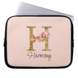 Anpassat namn bokstav H Guld Folie Rosé rosa rosor Laptop Fodral