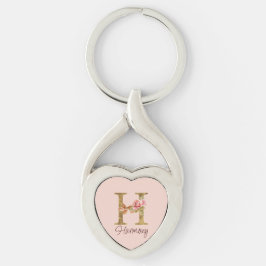 Anpassat namn bokstav H Guld Folie Rosé Rosa Rosor Twisted Heart Silverfärgad Nyckelring