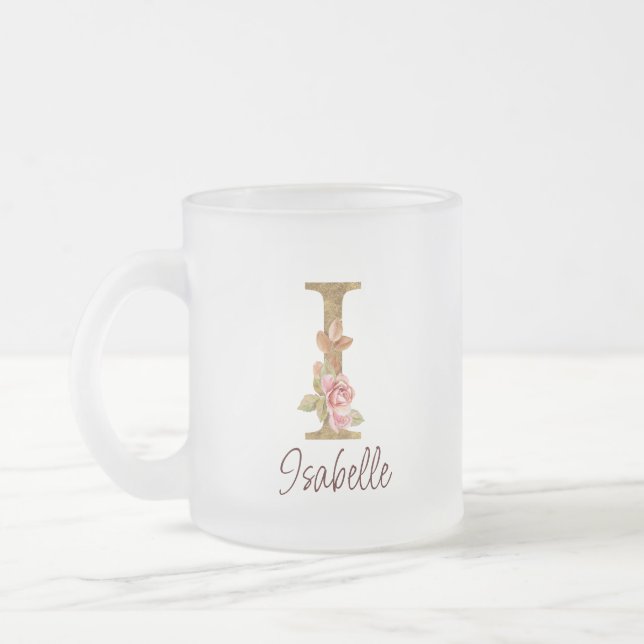 Anpassat namn bokstav I Guld Folie Rosa Rosa Rosor Frostad Glasmugg (Vänster)