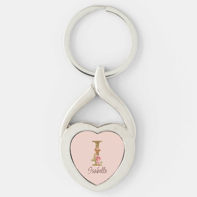 Anpassat namn bokstav I Guld Folie Rosa Rosa Rosor Twisted Heart Silverfärgad Nyckelring (Framsidan)