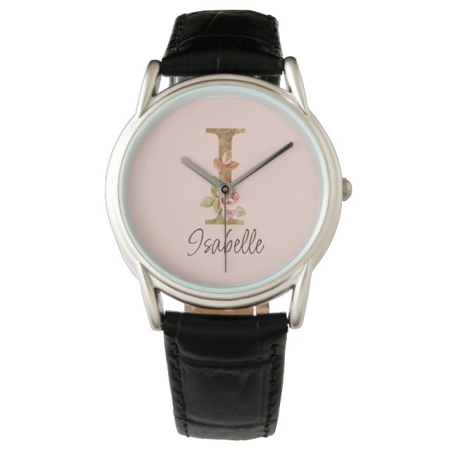Anpassat namn Bokstav I Guld Folie Rosa Rosor Armbandsur (Framsida)
