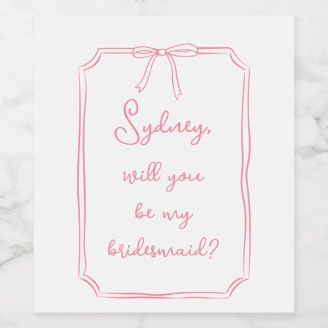 Anpassat namn Bow Rosa Bridesmaid Frieri  Vinflaska Etikett (Singel etikett)