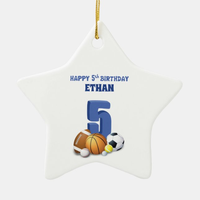 Anpassat namn Boy 5 Birthday Sports Bollar Julgransprydnad Keramik (Framsidan)