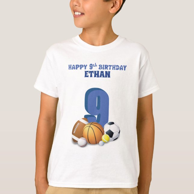 Anpassat namn Boy 9th Birthday Sports Bollar T Shirt (Framsida)