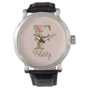 Anpassat namn Brev F guldblomma Rosa ros Armbandsur