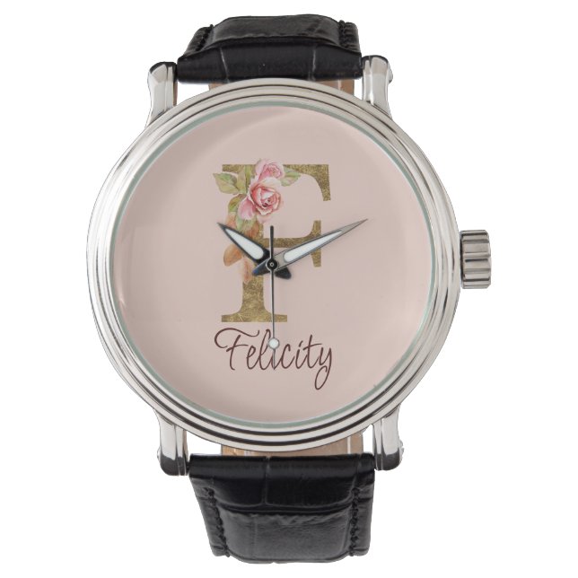 Anpassat namn Brev F guldblomma  Rosa ros Armbandsur (Framsida)