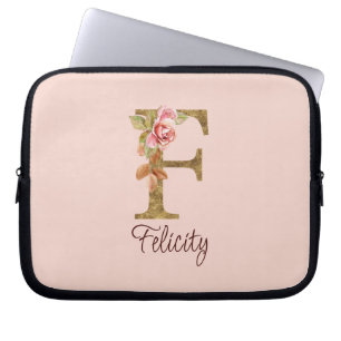 Anpassat namn Brev F guldblomma Rosa ros Laptop Fodral