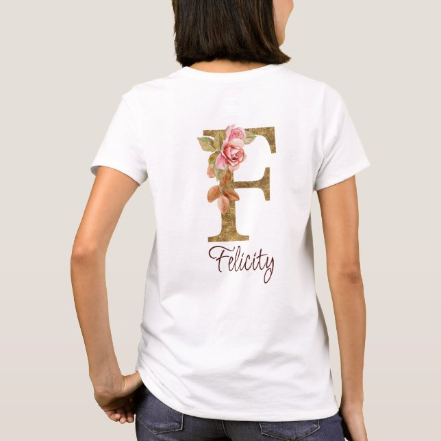 Anpassat namn Brev F guldblomma  Rosa ros T Shirt (Baksida)