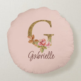 Anpassat namn Brev G Guld Foil  Rosa ros Rund Kudde