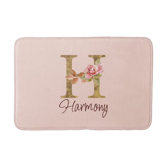 Anpassat namn Brev H Guld Foil  Rosa ros Badrumsmatta (Framsidan)