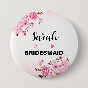 Anpassat namn Bridesmaid Rosa Elegant Flower Knapp