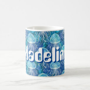 Anpassat namn Bright Blue White och Aqua Jellyfish Kaffemugg