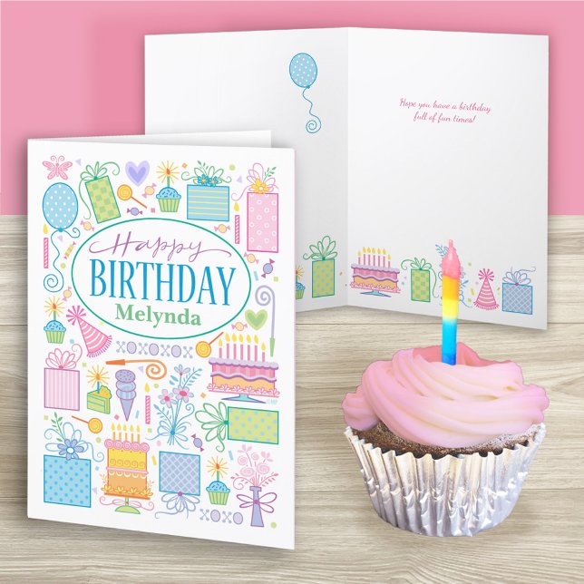 Anpassat namn Bright Pastel Söt Birthday-ikoner Kort (Skapare uppladdad)