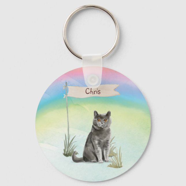 Anpassat namn British Kort Hair Cat Pet Nyckelring (Framsida)