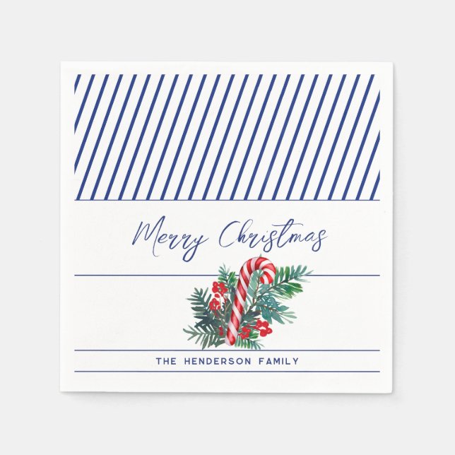 Anpassat namn | CANDY CANE | Blå Rand-jul Pappersservett (Framsidan)