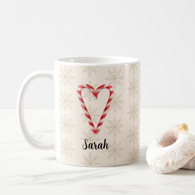 Anpassat namn Candy Cane Hjärt Snöflinga Mönster Kaffemugg (Med munk)