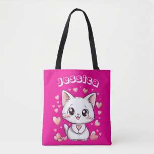 & Anpassat namn Chibi Cat Tote Bag med Rosa Hearea Tygkasse