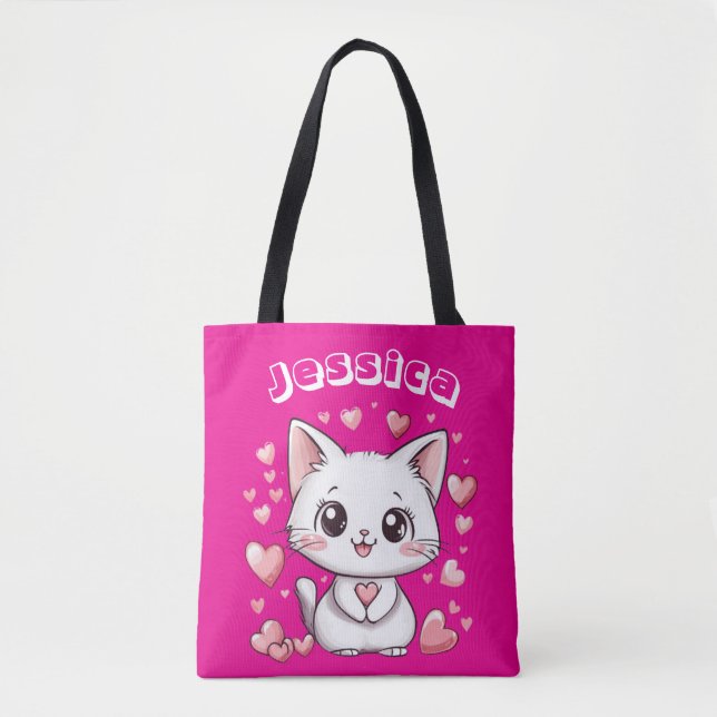 & Anpassat namn Chibi Cat Tote Bag med Rosa Hearea Tygkasse (Framsida)
